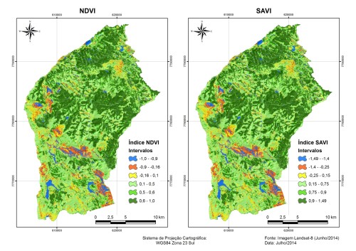 Mapas dos Índices de Vegetação NDVI e SAVI com máscara do limite municipal (IBGE) referente a imagem Landsat-8 datada em 25/06/2014.